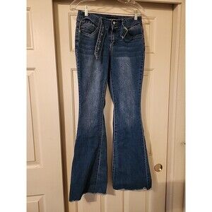 Fashion Nova Dark Wash Flare Jeans Frayed Raw Hem Mid-Rise Stretch Denim Size 5